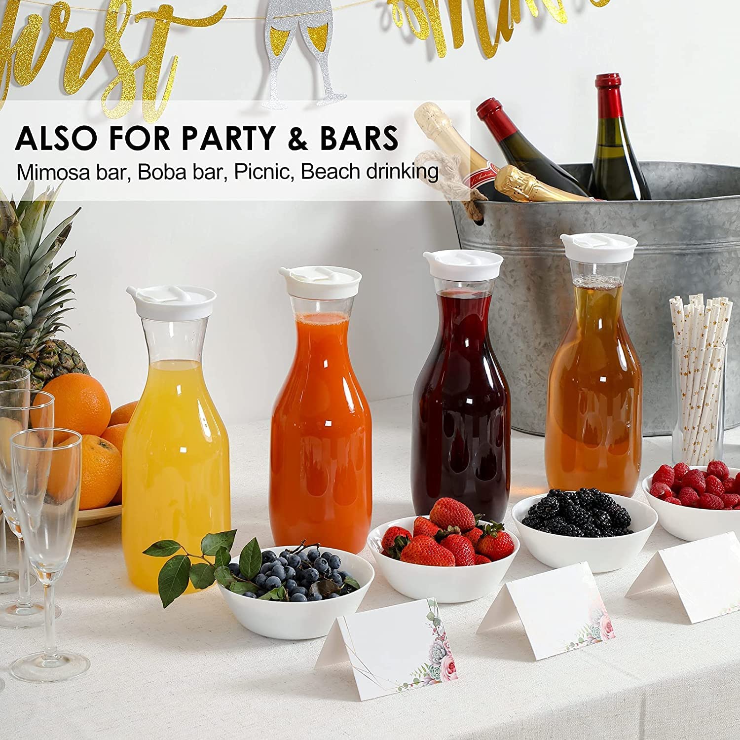 Big Volume Home Use 50oz Clear Plastic Carafe with Lid Flip Party Plastic Pitcher for Iced Tea Juice Cold Brew Mimosa Bar Carafe