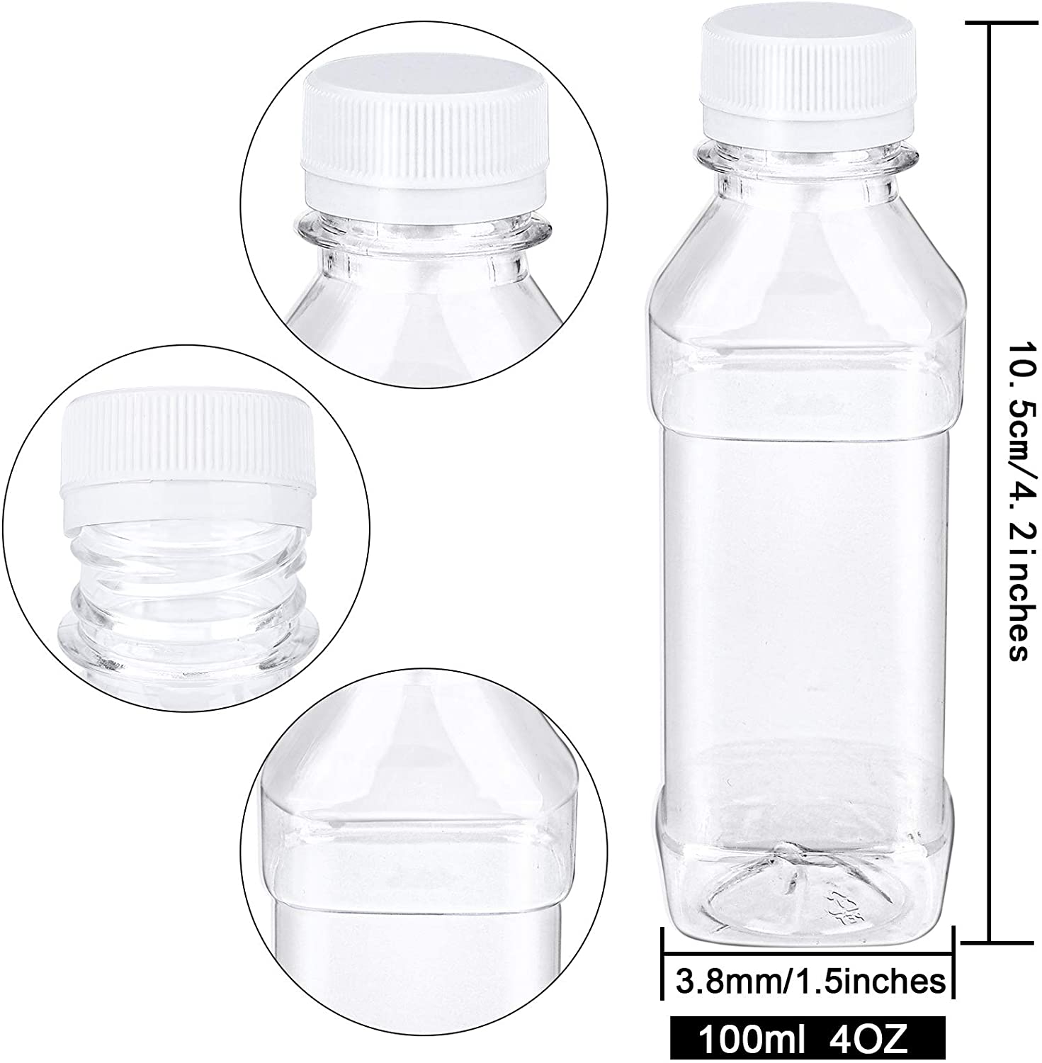 4 Ounce PET Empty Juice Bottles with Lids Reusable Clear Drink Containers for Storing Juice, Milk, Smoothie or Homemade