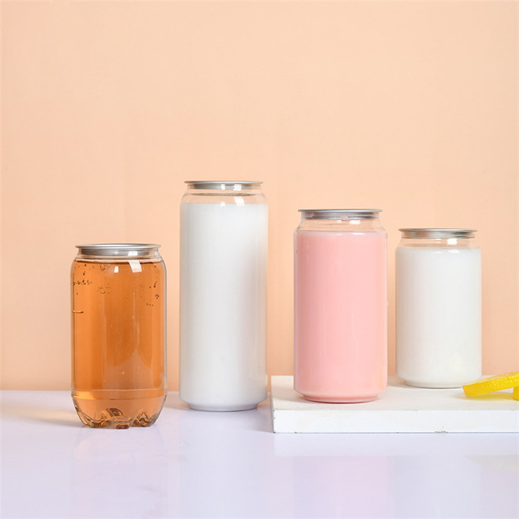 250ml 350ml 400ml 500ml Clear Plastic PET Soda Cans with Easy Open Pull Ring Aluminium Lids Pepsi Pop Can Bottle Sealing Machine