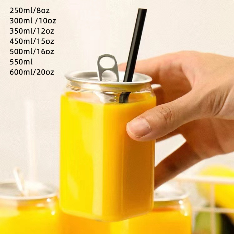 Clear PET Plastic Square Soda Cans Bottle with Lid Drinks Coffee Cup Sealing Machine 250ml 300ml 350ml 450ml 500ml 550ml 600ml