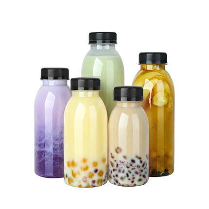 Clear Empty Food Grade PET Plastic Bottles for Juice Filling 12oz 350ml Round Shape Beverage Milk Tea Bottles with Cap