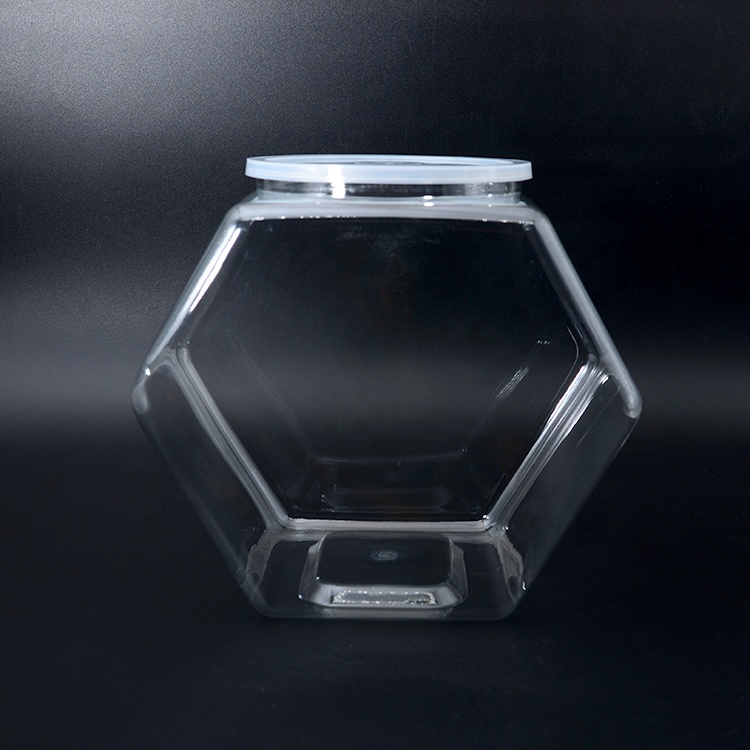 New arrival hexagon plastic pet cookie container for chocolate 129oz 197oz easy take body clear handle storage food jars