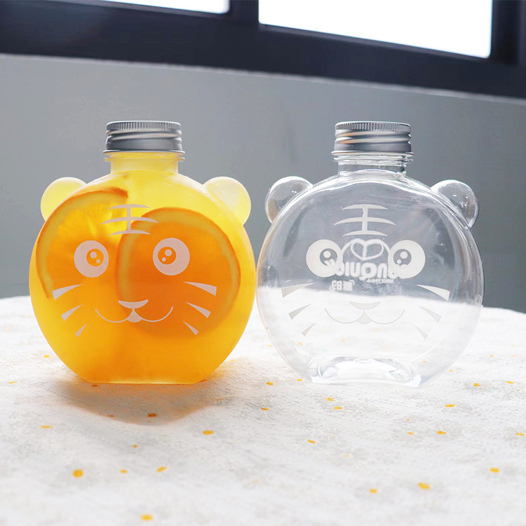 500ml/16oz Kids Cartoon Character Water Bottle Cute Animal Tiger Shaped Drinking Containers Bubble Boba MilkTea Cups Juice Jar