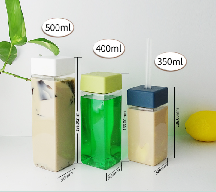 Portable 350ml 400ml 500ml PET Square Plastic Bottle Square Beverage Bottle Juice Bottles with Caps