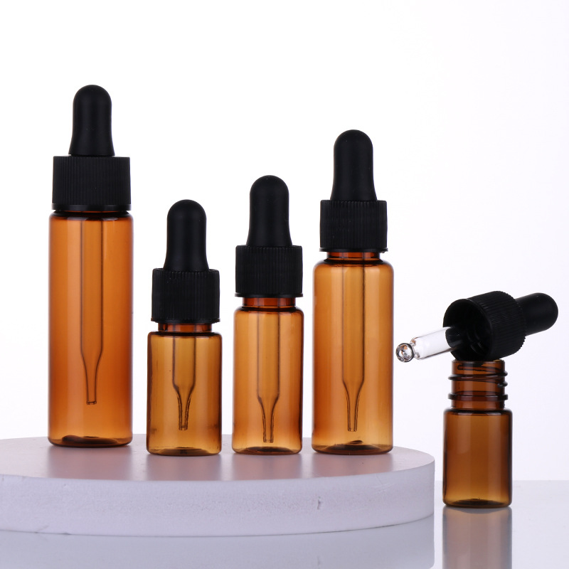 Custom Empty PET Plastic 5ml 10ml 15ml 20ml 30ml 40ml Amber Mini Luxury Essential Oil Bottle Serum Flat Shoulder Dropper Bottle