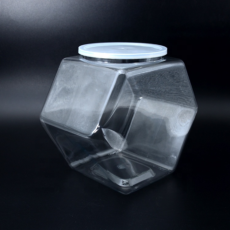 New arrival hexagon plastic pet cookie container for chocolate 129oz 197oz easy take body clear handle storage food jars