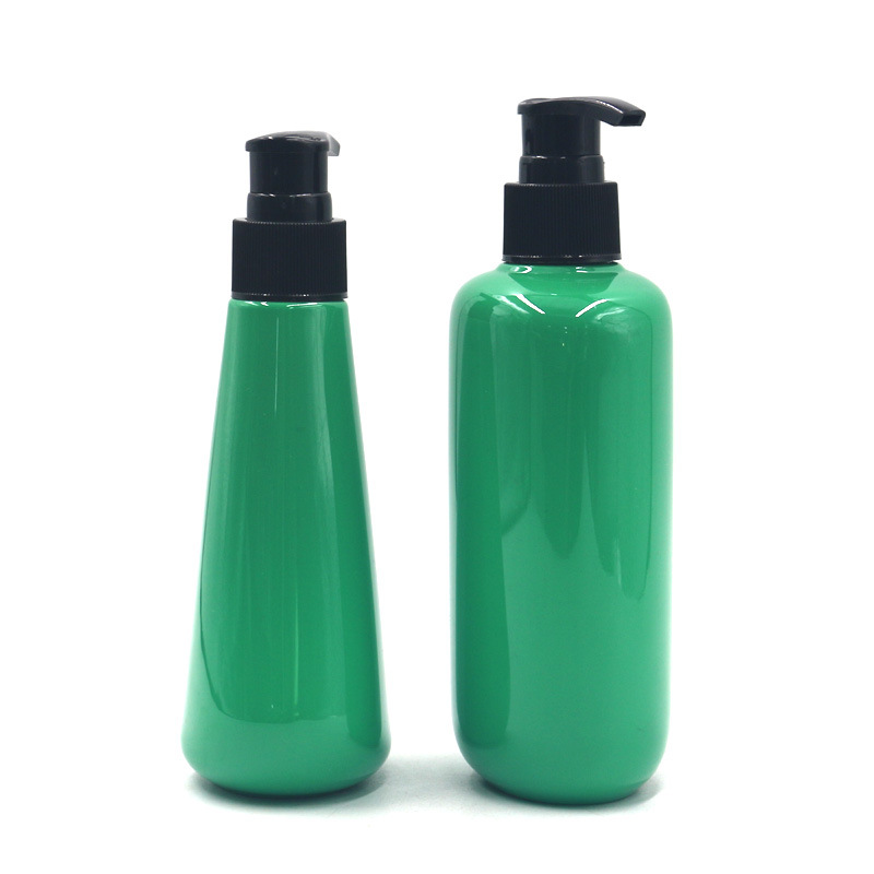 180ml solid color conical curved flat oval green PET plastic bottle Plastic shampoo bottle Lotion bottle with pump