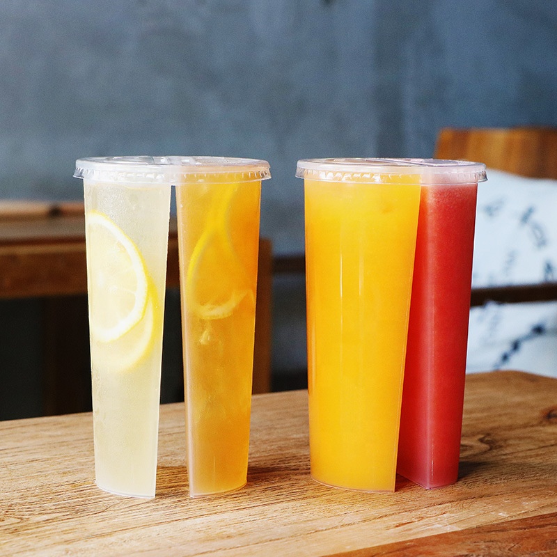 24oz 700ml PP Plastic Cup Twins Split Cups Boba Tea Bubble Tea Double Shared 2 Compartment Juice Cup With Lid Custom Logo Print