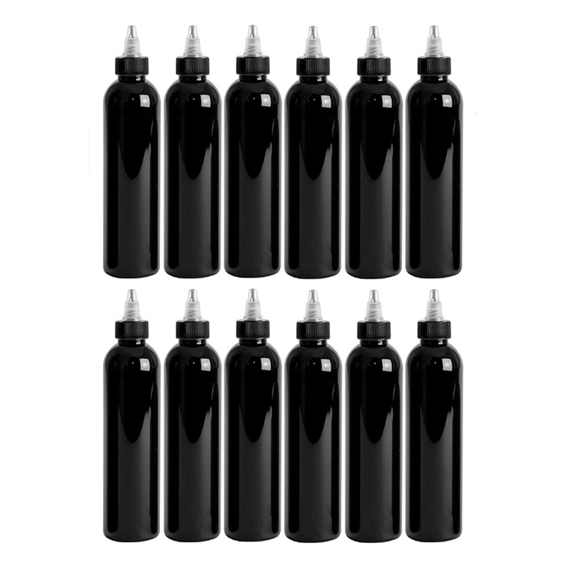 60ml 2oz 250ml 500ml 8oz 16 ounce Refillable Black Boston Bottle with Disc Cap PET Cosmo Round Plastic Bottle with Twist Top Cap