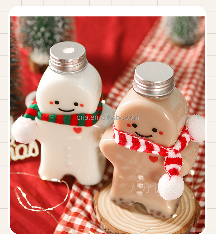 Custom Cute Christmas Coffee Drink Container Juice Jar Milk Bubble Tea Boba Cups Gingerbread Plastic Bottle with Lid and Straw