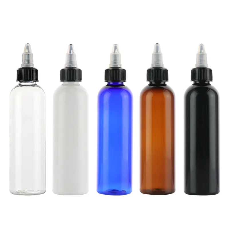 Empty Plastic PET Refillable Cosmo Round Bullet Shape 4oz 6oz 8 OZ Hair Oil Squeeze Applicator Dropper Bottles with Twist Tops