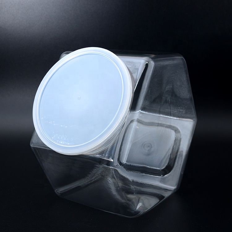 New arrival hexagon plastic pet cookie container for chocolate 129oz 197oz easy take body clear handle storage food jars