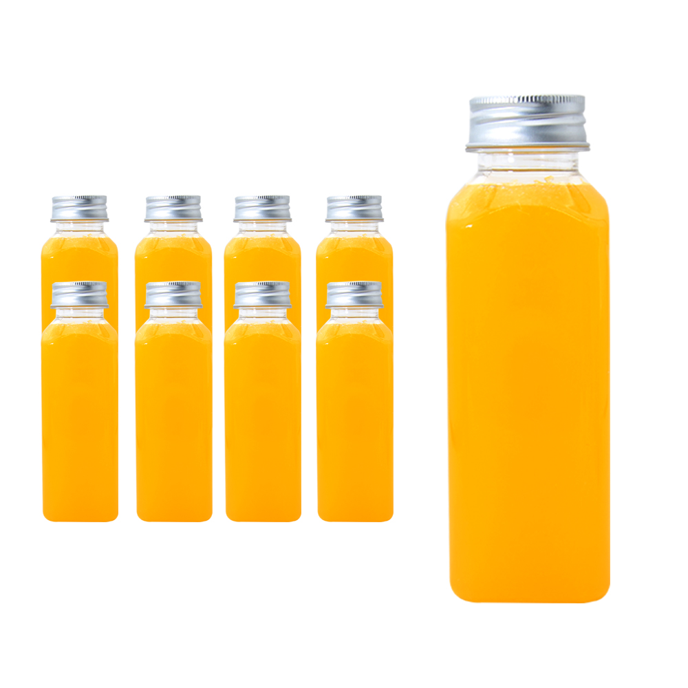 Eco-friendly100ML 250ML 300ML 350ML Custom square clear PET plastic juice bottle with lid wholesaler plastic juice bottles