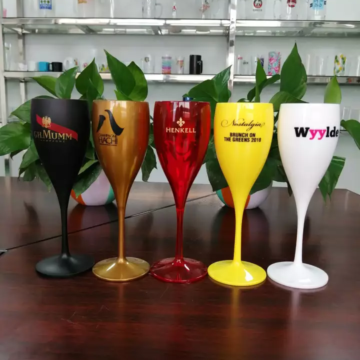Bulk Sale Custom Wedding 150ml Acrylic Plastic Long Stem Goblet Gold Red Wine Glasses Black Champagne Flutes with Logo