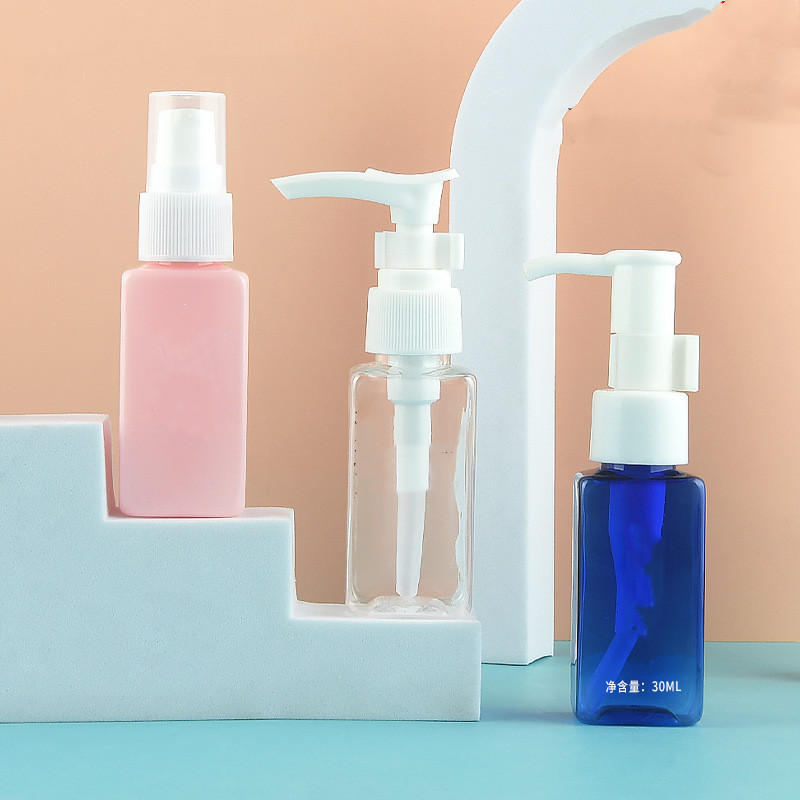 Mini 30ml Plastic pet Bottle Empty Shampoo and Conditioner Bottles Packaging Dispenser for Hotel Square Oil Bottle with Flip Cap