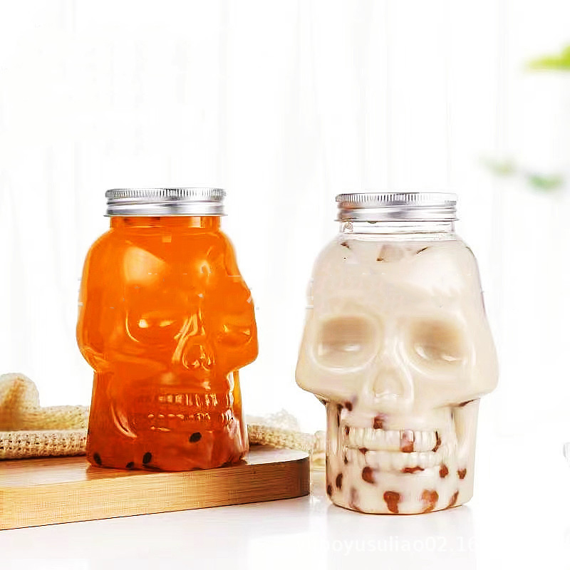 Plastic Skull Bottle 350mll 450ml Whisky Drinking Wine Cocktail Container PET Transparent Juice Cap for Tea Coffee Beverage