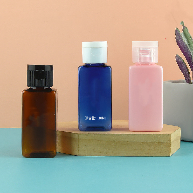 Mini 30ml Plastic pet Bottle Empty Shampoo and Conditioner Bottles Packaging Dispenser for Hotel Square Oil Bottle with Flip Cap