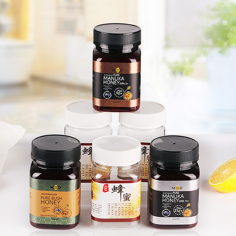 Food grade honey empty bottle 150ml 250ml clear plastic syrup butter container square jar with PP lid